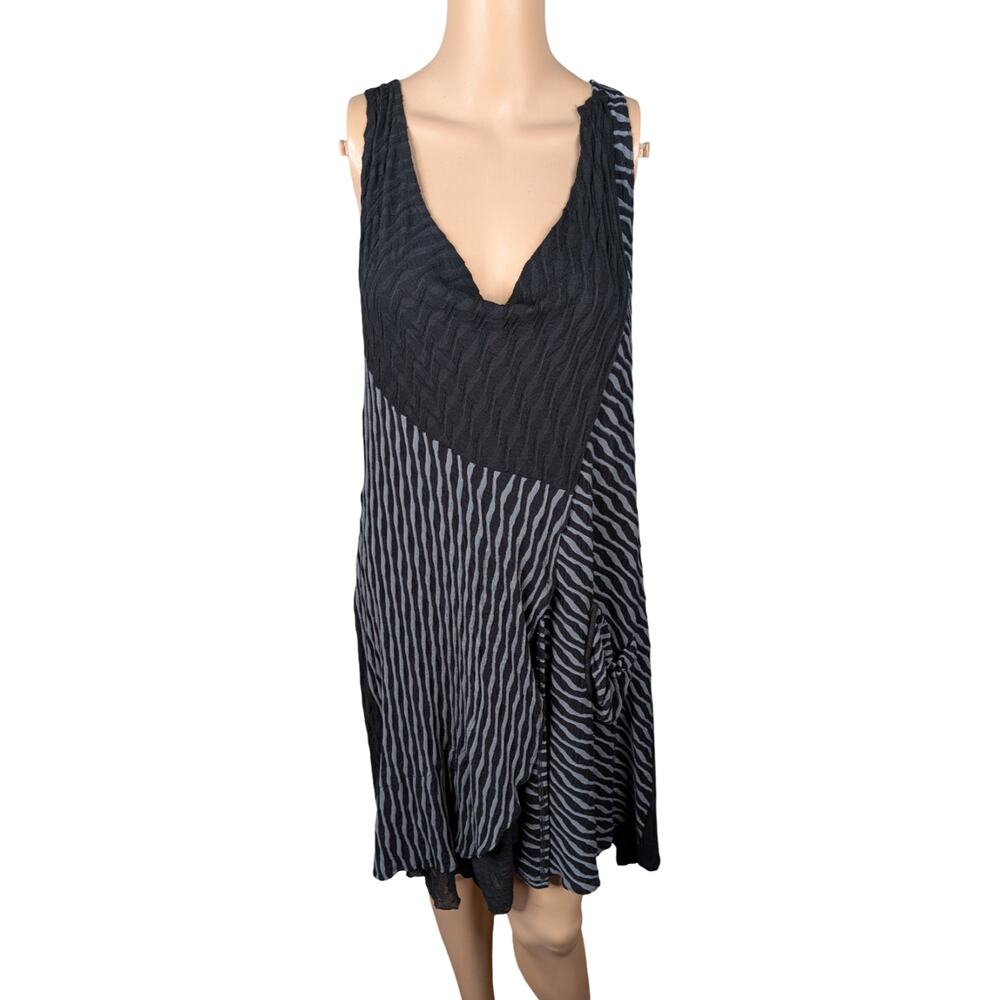 Dorman Lagenlook Black Gray Asymmetric Patchwork Draped Pocket Tunic Top S/M